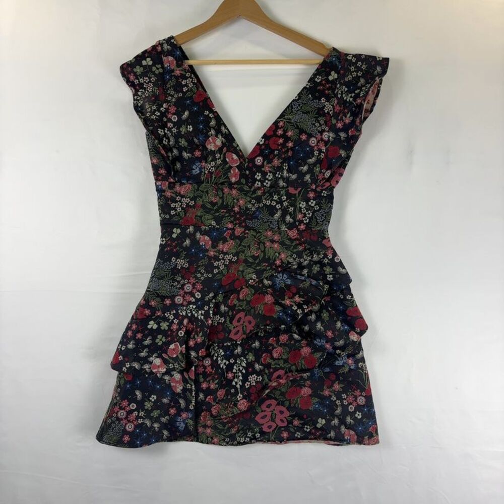 Monique Lhuillier Navy Floral V-Neck Mini Dress with Pink & Green